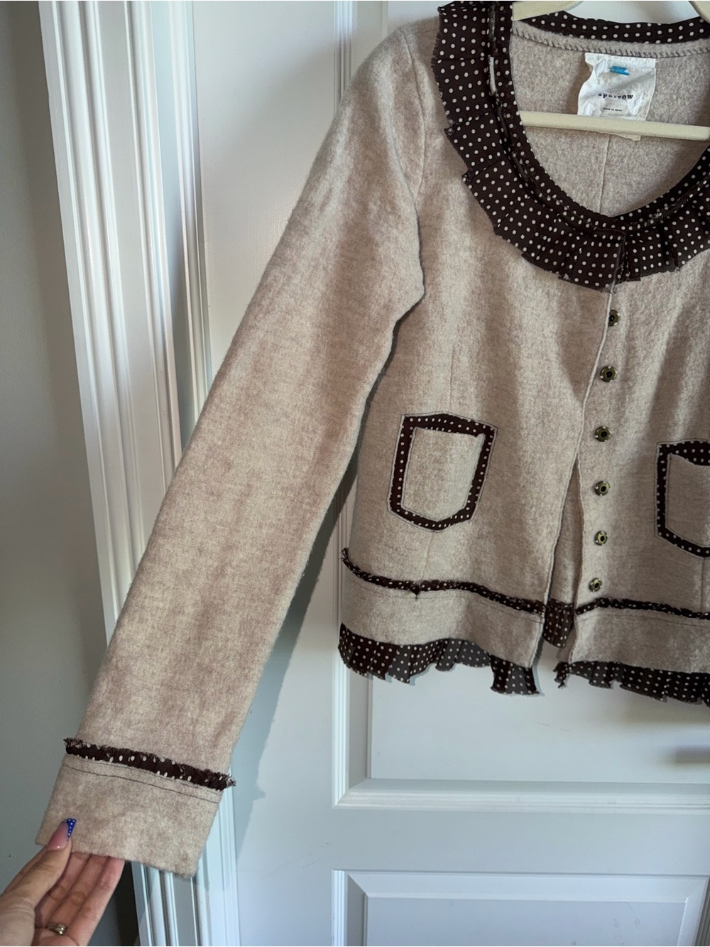 Anthropologie Sparrow Merino Wool Ruffle Cardigan Sweater Polka Dot Size Large - Picture 2 of 6